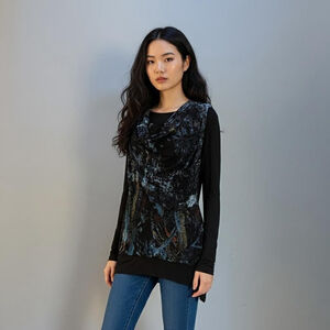 Vivienne Tam Black Blue Abstract Cowl Neck Long Sleeve Top - Small